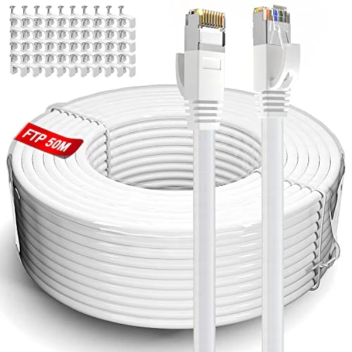 Soibke 50m Ethernet Network Bulk Cable | FTP 23AWG Shielded Gigabit Anti-jamming Internet Cable Outdoor Weatherproof | Cat 6, Copper Core, RJ45 | Colour White (50 Meters)