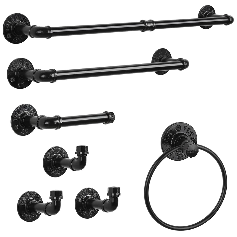 CADUKE Bathroom Hardware Fixture Set, 7 Pieces Industrial Towel Bar Sets with Paper Towel Rack, Wall Mount Hand Towel Holder Roll Ring Toilet Paper Holder and Pipe Robe