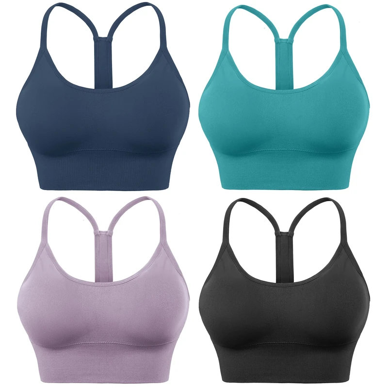 Evercute Racerback Sports Bras Padded Strappy Y Racer Back Cropped Bras for Yoga Workout Fitness Low Impact, Black Navy Blue Purple Peacock Blue 4 Pack, S