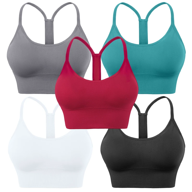 Evercute Racerback Sports Bras Padded Y Racer Back Cropped Bras for Yoga Workout Fitness Low Impact, Black White Gray Red Peacock Blue 5 Pack, L