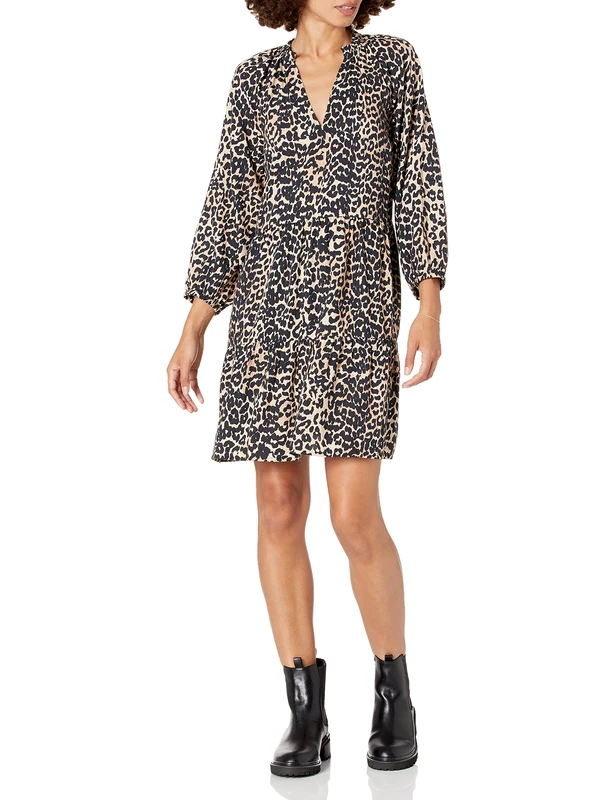 The Drop Women's @caralynmirand Ruffle-Neck Tiered Mini Dress, Leopard Print, XS