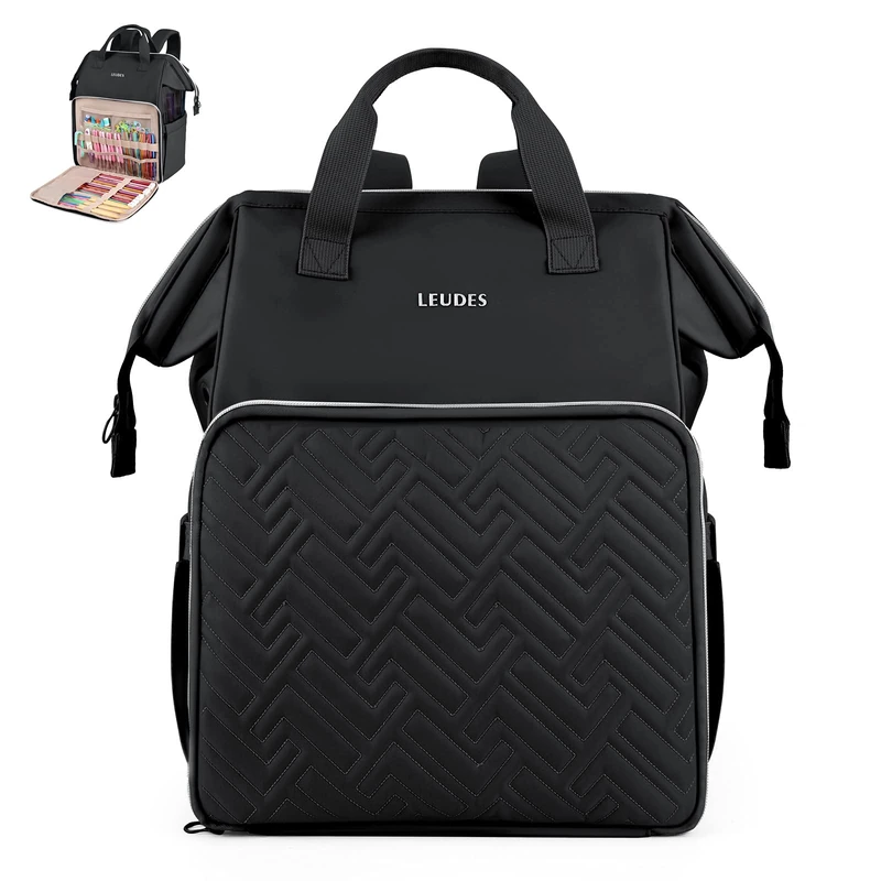 Leudes Knitting Bag Backpack, Yarn Storage Organizer Large Crochet Bag Tote Christmas Gift Yarn Holder Case for Carrying Projects, Knitting Needles, Crochet Hooks and Other Accessories (Black)