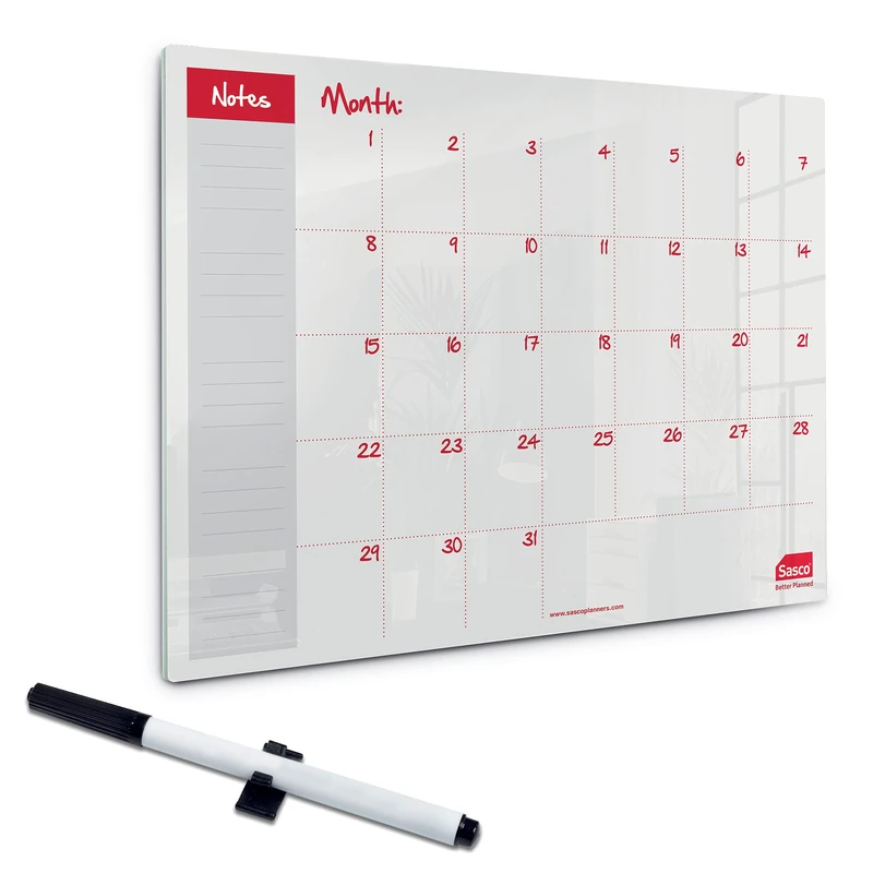 Sasco Semi Transparent Acrylic Mini Whiteboard Monthly Planner, Desktop, Frameless, Dry Erase, 600 x 450, Includes Whiteboard Pen, 2410186