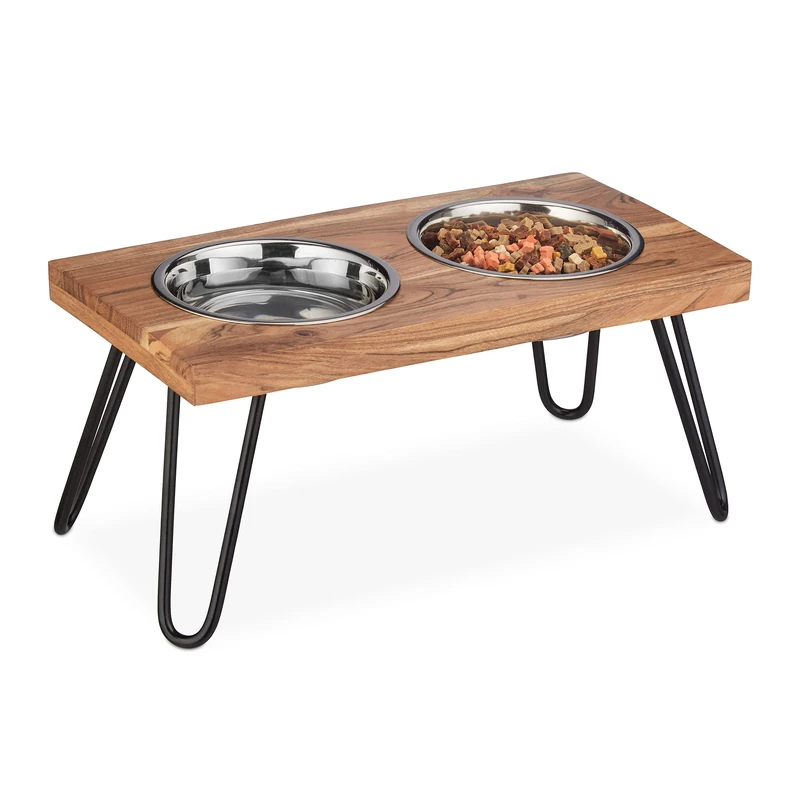 Relaxdays Raised Dog Set, Double Dishes, 2 Stainless Steel Water Bowls, Feeder Stand, Acacia Wood, 1200ml, Brown, 23 x 49.5 x 25 cm - Image 1