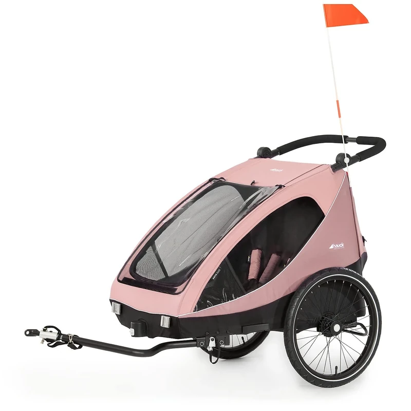 hauck Dryk Duo, Rose - 2in1 Kids Bike Trailer & Pushchair 2 Seats Folding Bicycle Trailer with XL Storage, Tow Bar, Hitch, Pennant, Stroller Wheel & LED Rear Light