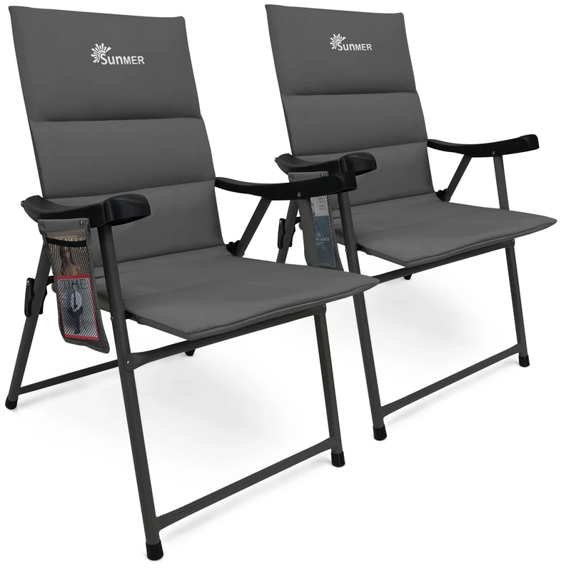 SUNMER Padded Garden Camping Chairs Foldable with Side Pocket, Holds up to 120kg, Lightweight 4kg per Chair, Outdoor Seat for Camping, Fishing, Relaxing - Grey