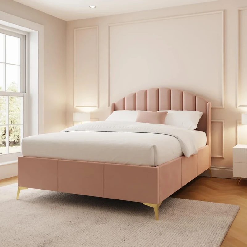 GFW Pettine Ottoman Bed Double, Padded Plush Velvet & Hardwood Frame, Scallop Shell Winged Headboard, With Hydraulic End Lift For Under Bed Storage