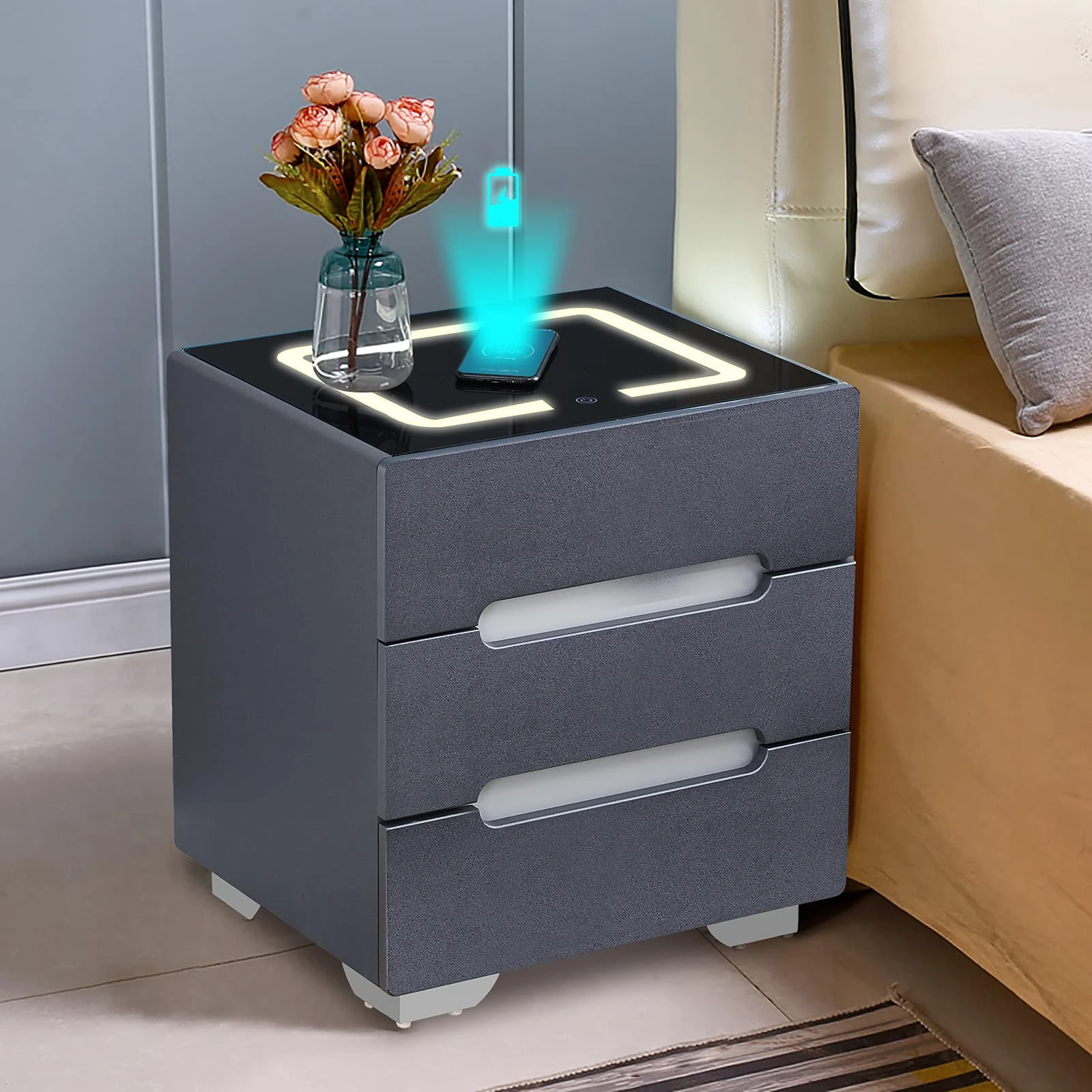 TUKAILAi Smart Bedside Table with Wireless Charging, 3 Color LED Lights, 3 Drawers Nightstand Bedside Table for Bedroom Living Room Black