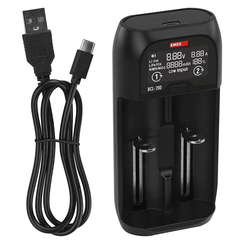 EMOS Universal Battery Charger for AAA, AA, C, SC Batteries/Smart Charger for Li-ion, LiFePO4, NiMH, NiCd Battery Types + USB Cable 5V/2A N9221