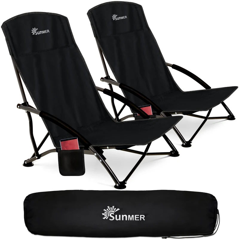 SUNMER Set of 2 Folding Beach Chairs – Foldable Camping Chair with Side Pocket & Carry Bag - 120kg Heavy Duty Capacity, 2.8kg Lightweight Portable Design - Professional Outdoor Seating - Black