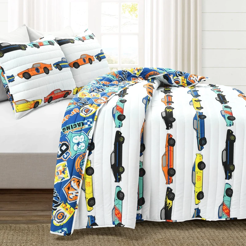 Lush Decor Race Cars Reversible 3 Piece Quilt Set, Polyester, White, Full/Queen