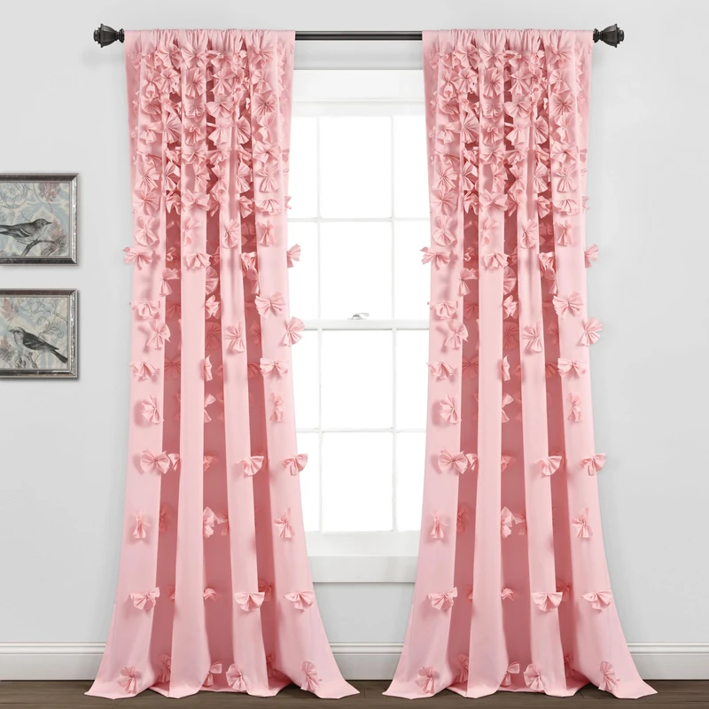 Lush Decor Riley Window Curtain Sheer Ruffled Textured Bow Window Panel for Living, Dining Room, Bedroom (Single), 54" W x 84" L, Pink