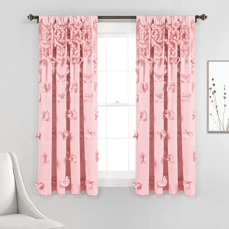 Lush Decor Riley Window Curtain Panel - Charming Handmade Bow Details - Elegant Light Filtering Single Curtain for Living Room, Dining Room, or Bedroom - 54" W x 63" L, Pink