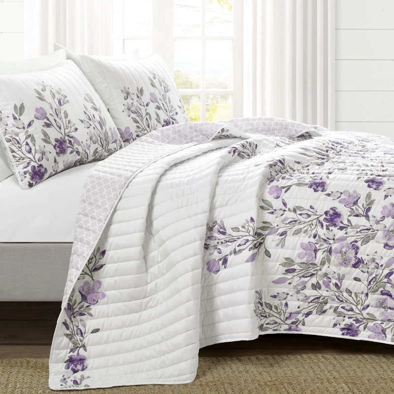 Lush Decor Tanisha Reversible 5 Piece Quilt Set, Gray & Purple, Full/Queen