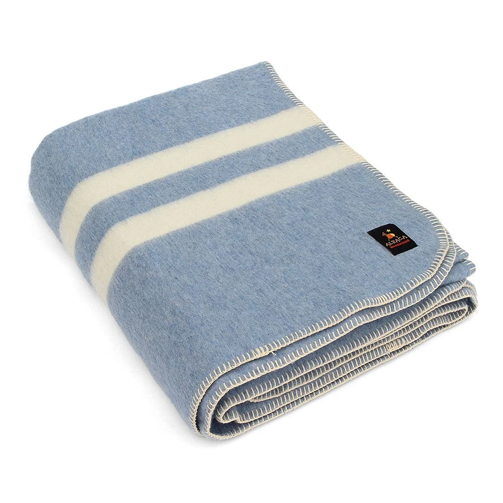 Thick Alpaca Wool Blanket Heavyweight Camping Outdoors Indoors Soft Peru King Size Stripes Design (Soft Blue - Ivory Stripes, King Size)