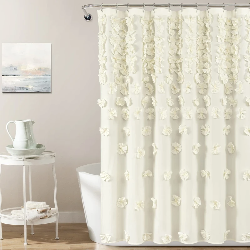 Lush Decor Riley Shower Curtain, 72" W x 72" L, Ivory - Luxury Shower Curtain With Bows - Charming Texture - Beautiful & Elegant Girly Bathroom Accessory - Romantic, Vintage Glam Bathroom Decor