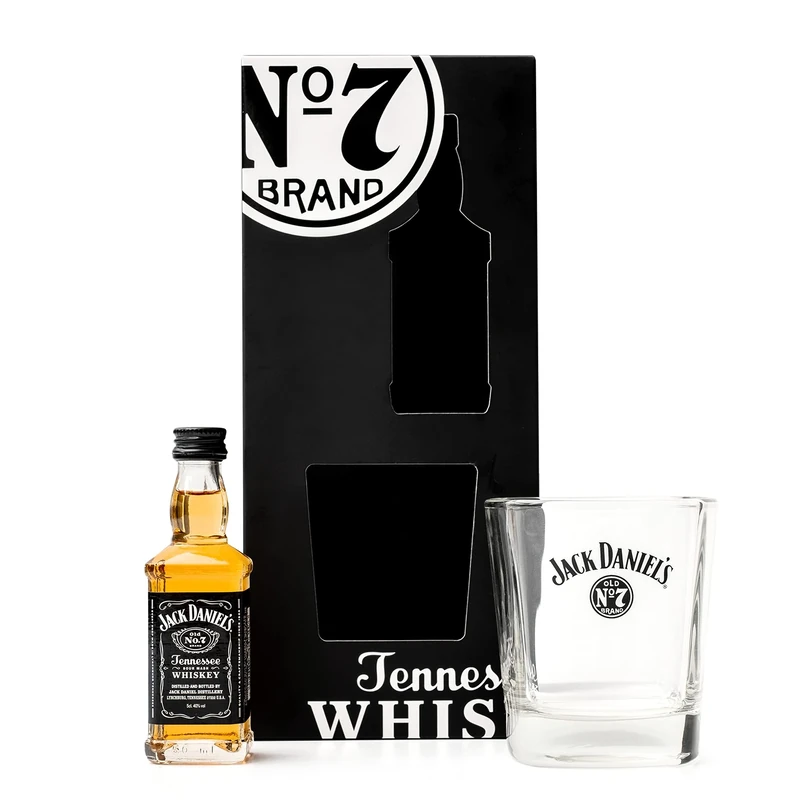 Jack Daniels Gift Set - Mini Whisky Gift Set 1x 5cl JD Whisky Old No7 Alcohol Miniatures, JD Tennessee Whiskey Glass - Birthday Gifts for Men, Boyfriend Gifts for Him, Christmas