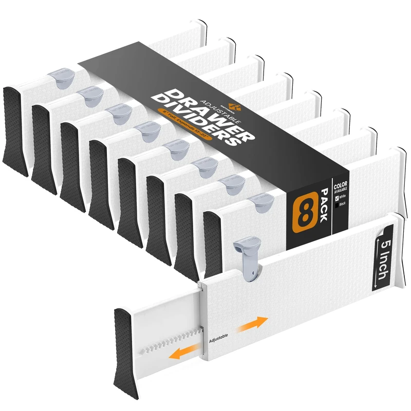 RAPTUROUS Deep Drawer Divider 8 Pack, [5 Inch Tall, 13-22"] Long Expandable, Adjustable Drawer Dividers for Clothing, Clothes, Dresser, Kitchen, Strong & Sturdy Hold, Soft Foam Edges（White）