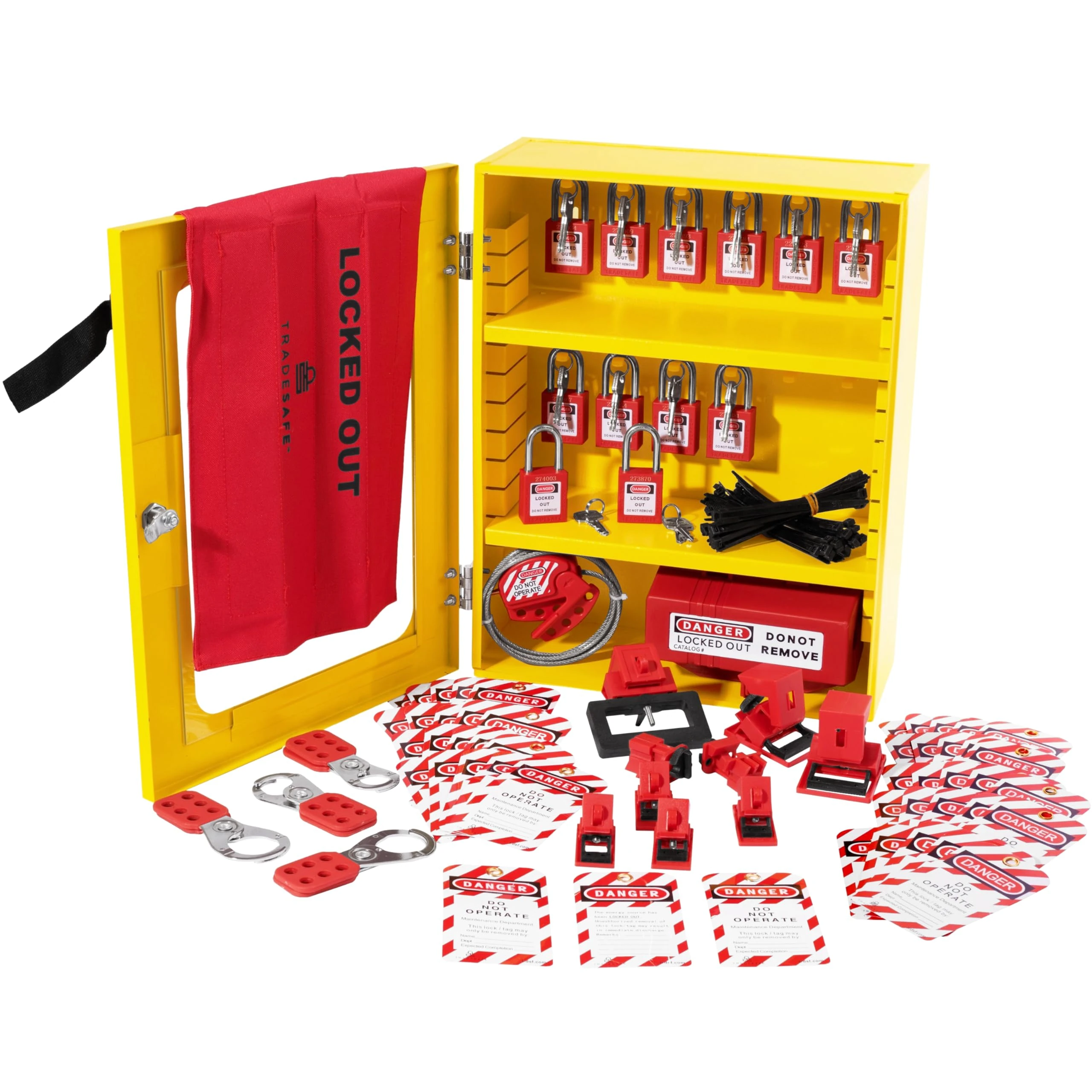 TRADESAFE Lockout Tagout Cabinet - 70 Pieces Stocked Lockout Tagout Station, Wall-Mountable Loto Station Cabinet, 2 Movable Shelf Partitions