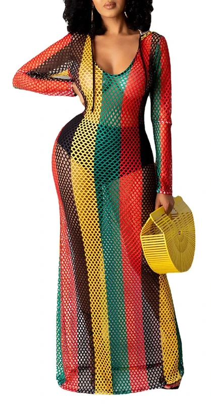 SAMACHICA Womens Tank Colorful Stripe Fishnet Cover up Maxi Dress Bikinis Swimwear Rasta Dress, Hoodie Floral, S