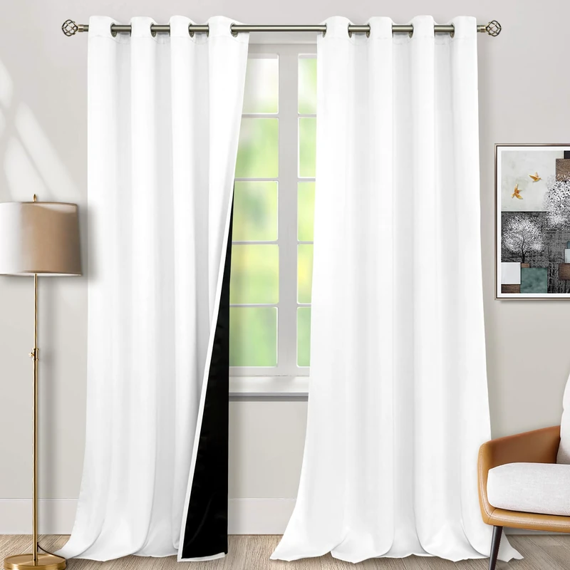 BGment Thermal Insulated 100% Blackout Curtains for Bedroom with Black Liner, Double Layer Grommet Noise Reducing Drapes (52x95 Inch, Pure White, 2 Panels)