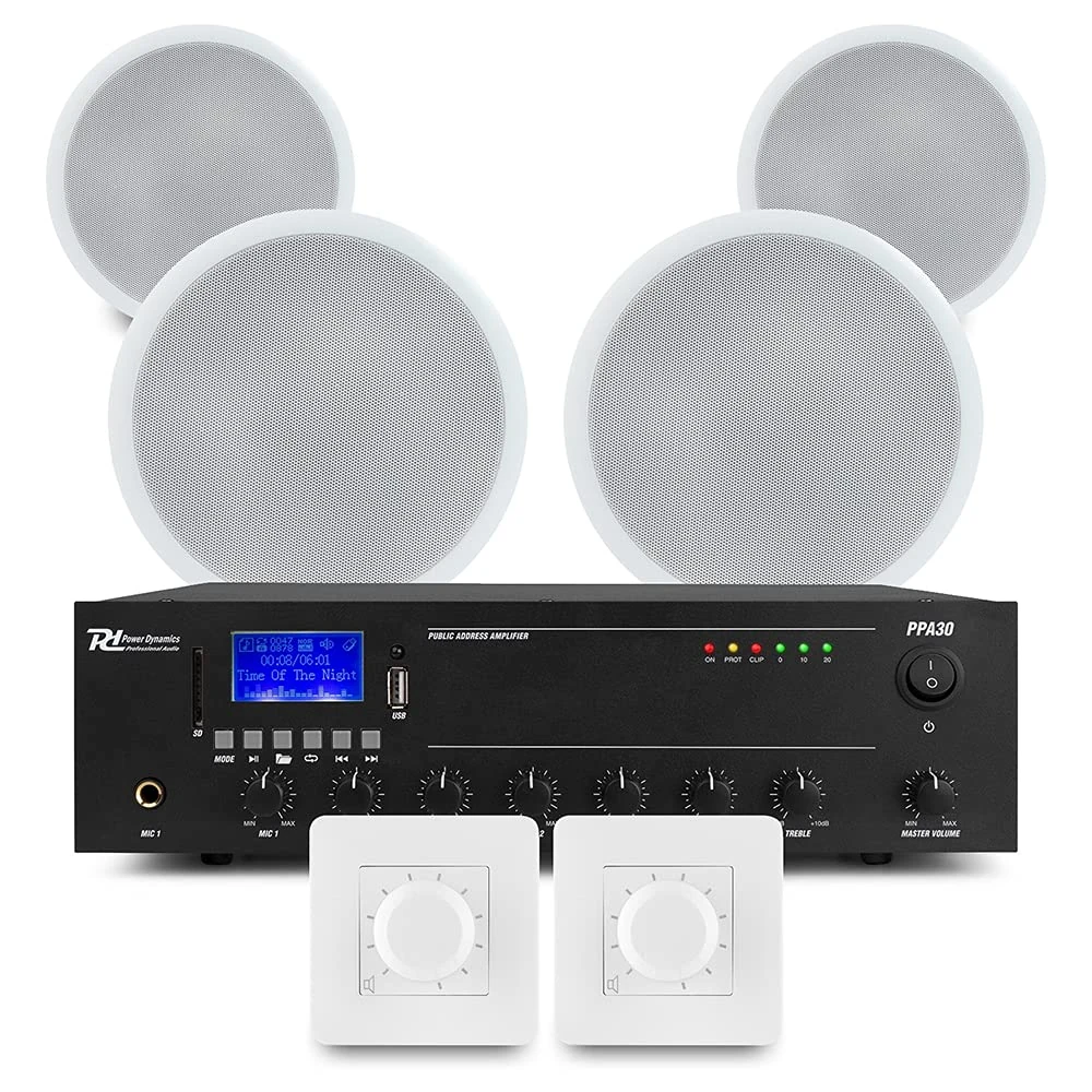 Power Dynamics Multi Zone Ceiling Speaker System Package – Bluetooth Amplifier, 4x 5 Ceiling Speakers & 2-Zone Volume Control for Background Music in Commercial Installations, 30W CSPB5