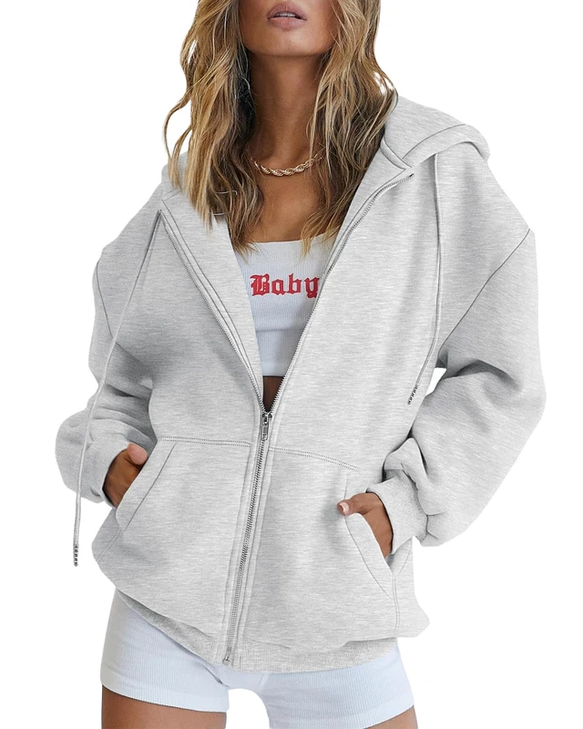 EFAN Women's Cute Hoodies Teen Girl Fall Jacket Oversized Sweatshirts Casual Drawstring Clothes Zip Up Y2K Hoodie with Pocket, Grey, Medium - Image 1
