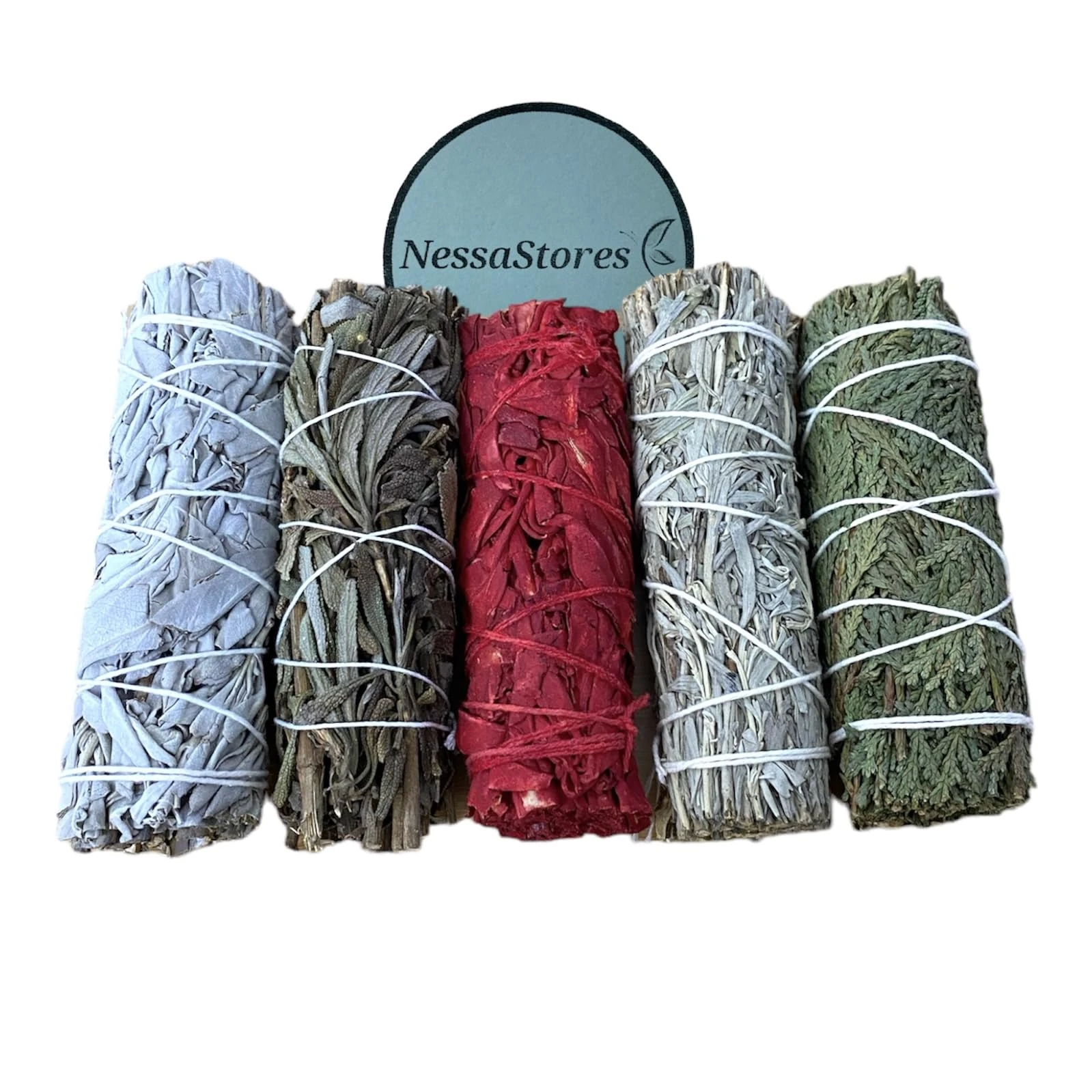 NessaStores 5 pc Smudge Stick Sampler 1 Kit of White Sage, Black Sage, White Sage Dragon's Blood, Blue Sage, & Cedar - 4 Inch Hand Tied, All Natural, Ethically Sourced for Home Cleansing JC-209