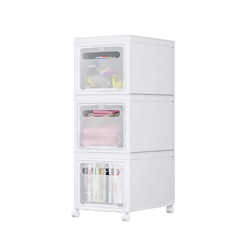 Mondeer Plastic Storage Box with 4 Wheels, 30L*3 Removable Stackable Cube Bin with Lids and Handles, for Kitchen Living Room Bedroom Bathroom Office, White - Image 1
