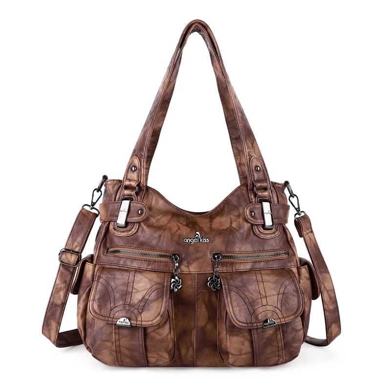 Angel Kiss Women's Designer Handbag Large Double Zipper Multi Pocket Washed Leather Purse, Retro Brown, L