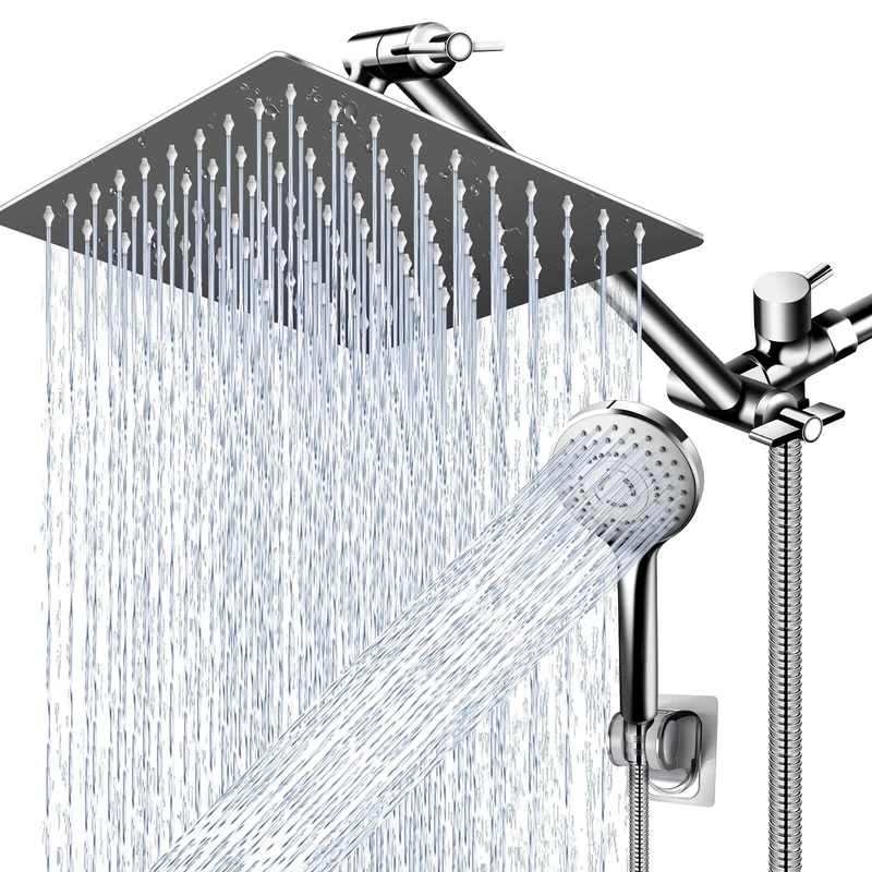 12 Inch Shower Head, High Pressure Shower Head with 11 Inch Adjustable Extension Arm and 5 Settings Shower Head, Powerful Spray Against Low Pressure Water with Long Hose