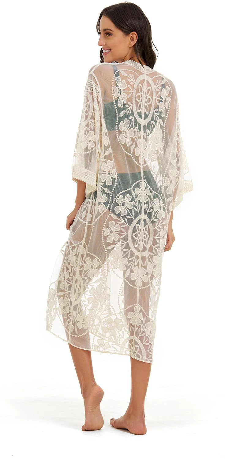 marysgift Womens Lace Cardigan Crochet Beach Cover Up Long Gauze Swimsuit Open Front Beachwear Dress Soft Summer Kimono Beige Plus Size UK 6-20 Beige A0073