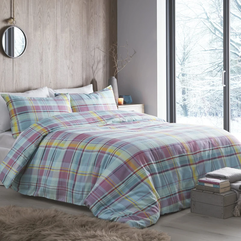 Appletree - Candy Brushed Cotton Plaid Duvet Cover - Super King Bedding Size (260 x 220cm) - Soft Cotton - 2 Pillowcases - Multi-Colours Check Duvet Cover - Flannelette Tartan Bedding in Pastel Colour