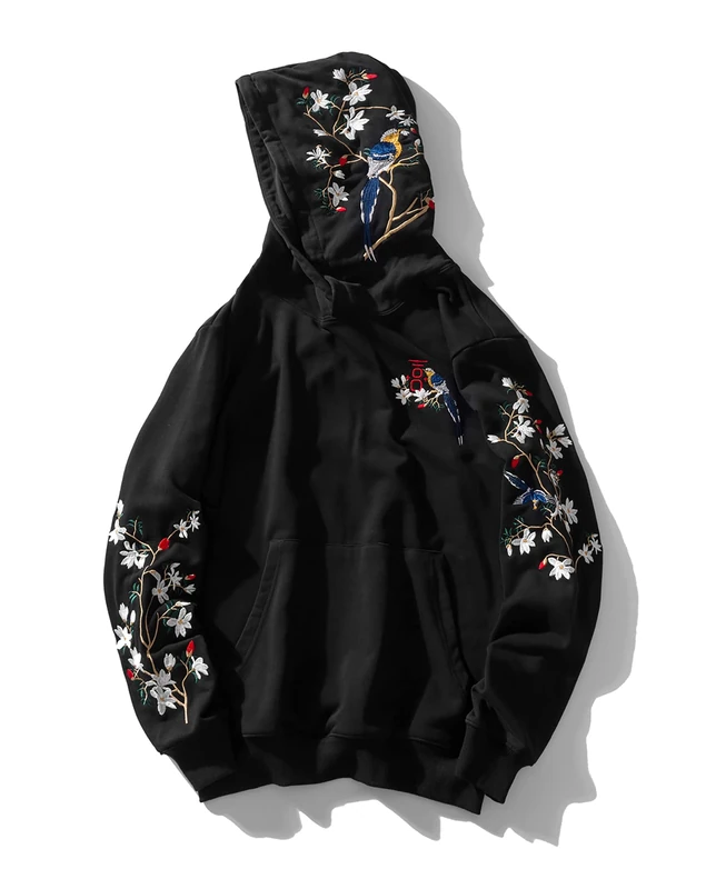 Niepce Inc Japanese Streetwear Men's Dragon Embroidery Hoodie, Black-magpie, XXXL