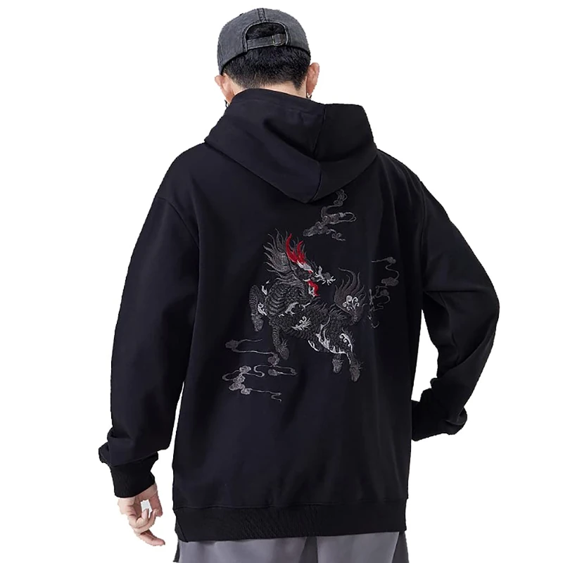 Niepce Inc Japanese Streetwear Men's Dragon Embroidery Hoodie, Black-kirin, Medium