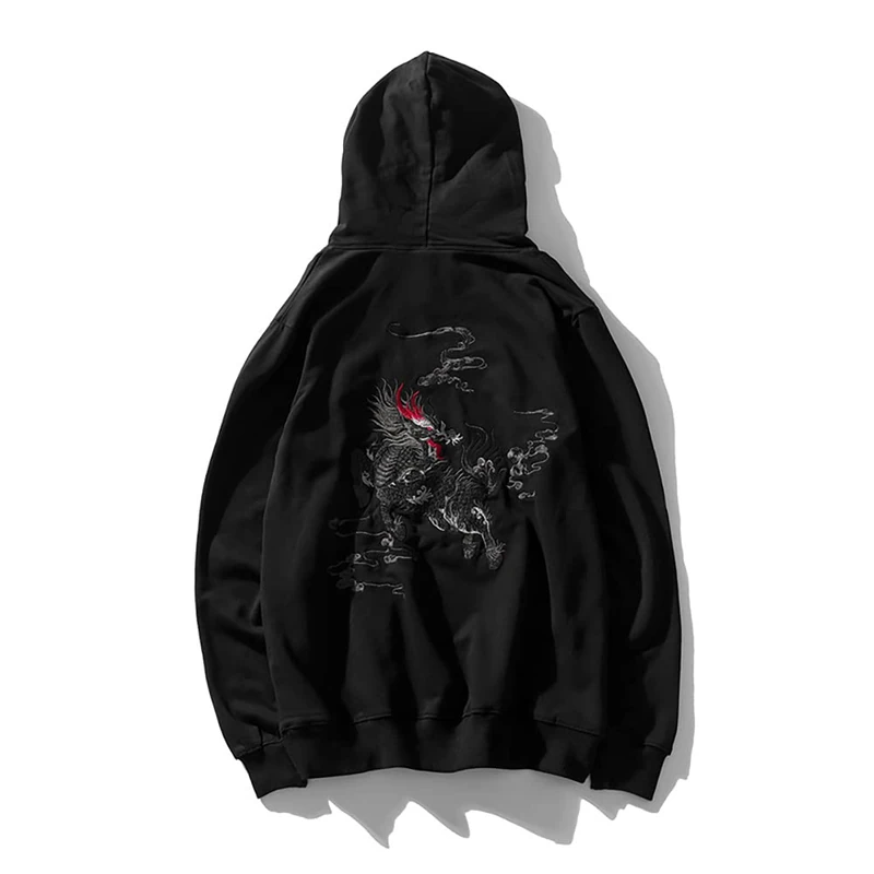 Niepce Inc Japanese Streetwear Men's Dragon Embroidery Hoodie, Black-kirin, XXL - Image 1