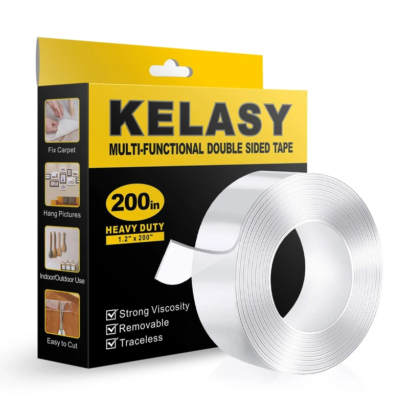 Kelasy Double Sided Tape Heavy Duty,1.2" x 200",Nano Adhesive Mounting Tape for Walls,Adhesive Strips Strong Sticky Gel Grip Tape,Transparent Poster Tape Wall Tape for Picture Carpet Decoration