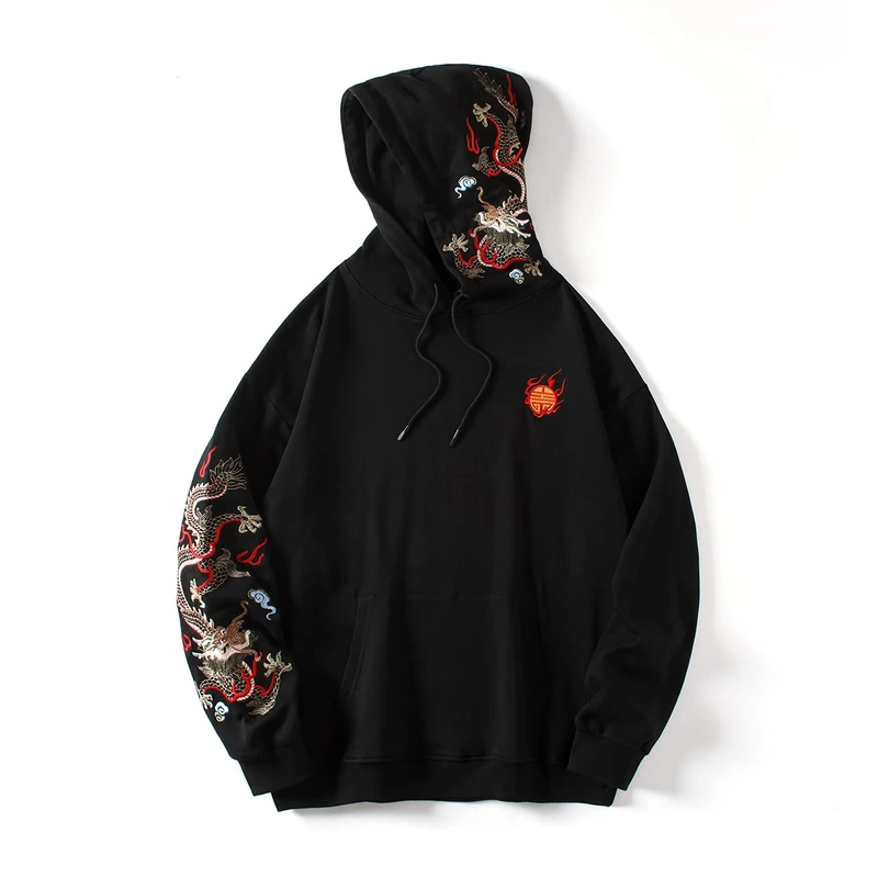 Niepce Inc Streetwear Men's Dragon Embroidered Heavyweight Graphic Hoodies, Black-dragon, L