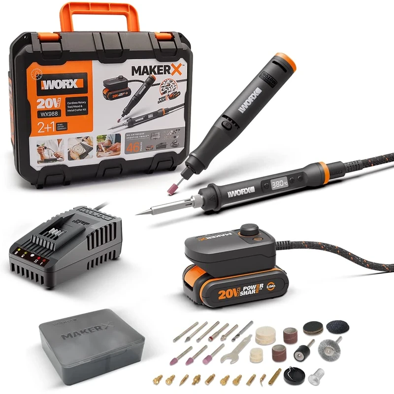 MakerX Rotary Tool + Soldering Iron Kit 20V WORX | PowerShare | WX988-1 2Ah Battery with Indicator, 1 Charger