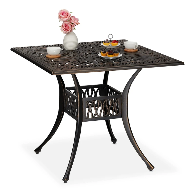Relaxdays Garden Table, with Umbrella Hole, Antique Look, Cast Aluminium, 75 x 90 x 90 cm, Patio & Balcony, Black/Bronze