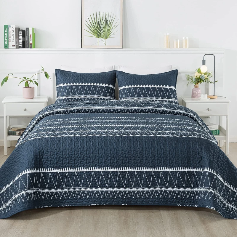Andency Navy Blue Quilt Set California King (112x104 Inch), 3 Pieces(1 Striped Triangle Pattern Quilt and 2 Pillowcases), Bohemian Reversible Bedspread Microfiber Coverlet Sets All-Season