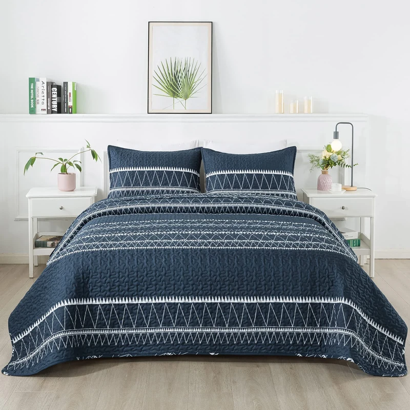 Andency Navy Blue Quilt Set King (106x96 Inch), 3 Pieces(1 Striped Triangle Pattern Quilt and 2 Pillowcases), Bohemian Reversible Bedspread Microfiber Coverlet Sets All-Season