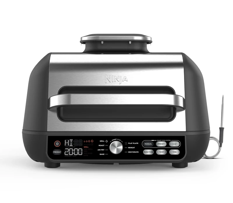 Ninja Foodi MAX PRO Health Grill, Flat Plate & Air Fryer 3.8L with Digital Cooking Probe, 7-in-1, Air Fry, Bake & more, Dishwasher Safe Parts, Cleaning Brush, Large Grill Plate, Silver/Black AG651UK