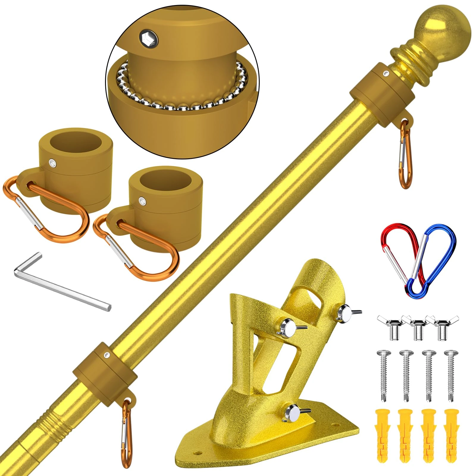 ZMTECH Flag Pole for House, 6 FT Flag Holder with Bracket for Flag, Stainless Steel Flag Pole Kit for Outside House Garden Yard, Residential or Commerical Flag Pole Kit (Without Flag,Gold)