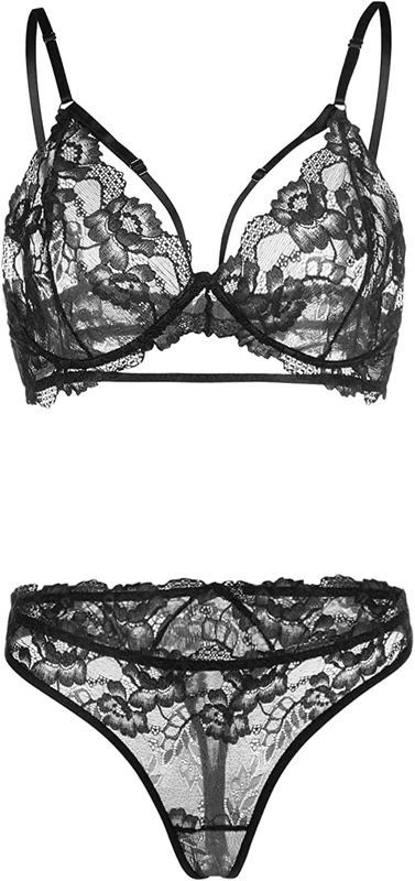 marysgift Lace Lingerie for Women Naughty See-Through Mesh Babydoll Bodysuit Cut Out 2 Piece Bra and Panties Black M UK 8 10
