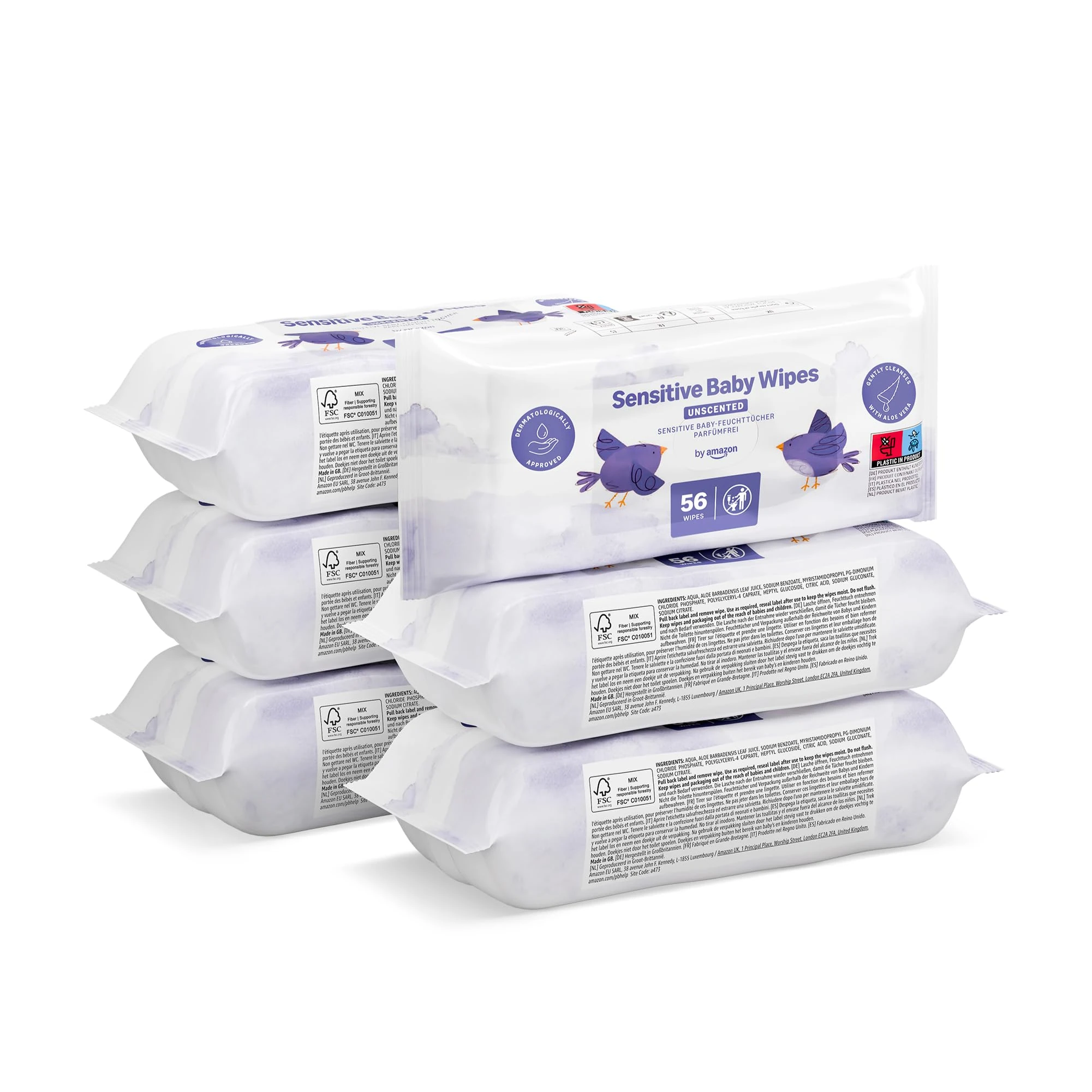 by Amazon Sensitive Baby Wipes 336 Wipes, Unscented, 6 Pack of 56, (Previously a Mama Bear brand, same product)