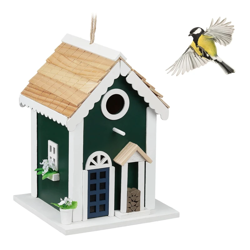 Relaxdays Bird House, Feeding Station for Wild Birds, Hang Up, 18.5x18.5x25.5cm, Wooden Feeder, Colourful