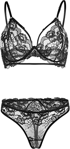 marysgift Sexy Lingerie Set for Women Naughty Bra and Panty Sets Floral Lace Cross Strap Bras Knickers Black L UK 10 12