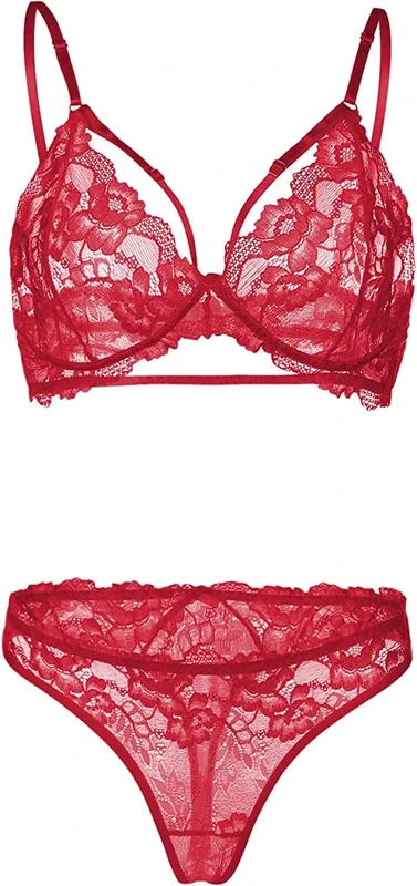 marysgift Red Lace Bra & Panties Set - Strap Babydoll, M (UK 8-10)