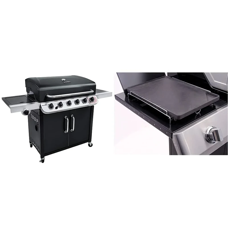 Char-Broil Convective Series 640 B XL - 6 Burner Gas Barbecue Grill, Black Finish & 140 515 - Cast Iron Side-Burner Griddle (Plancha).